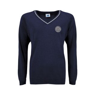 V Neck Knitted Jumper with Trim Marlborough CofE Navy/Silver